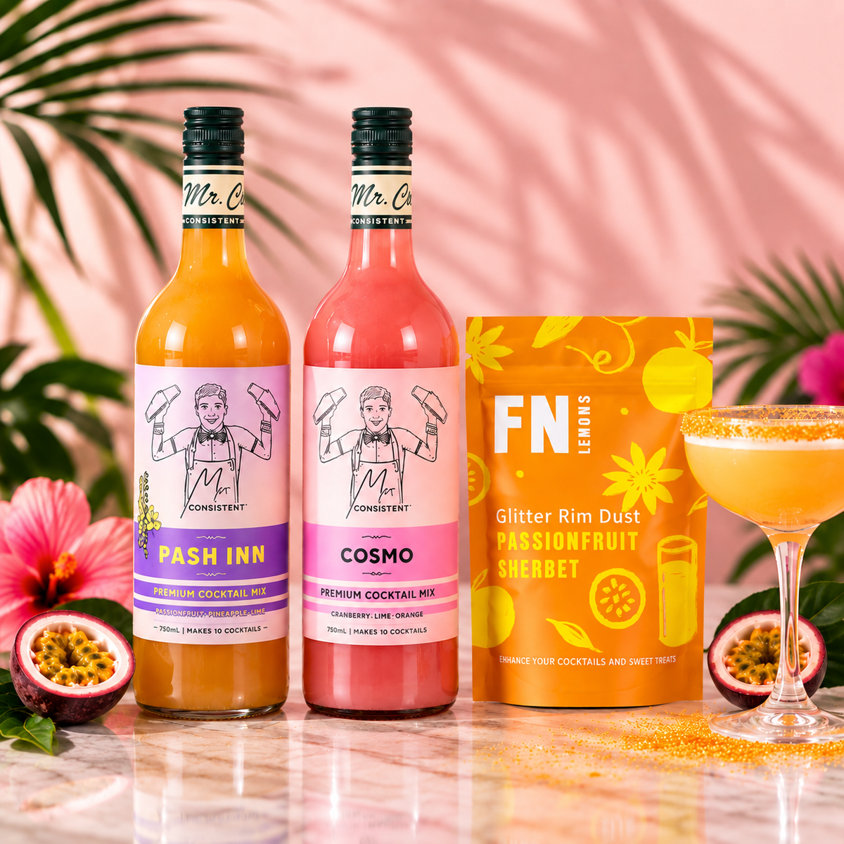“Mr Consistent Pash Inn and Cosmo cocktail mixers with FN Lemons Passionfruit Sherbet Rim Dust”